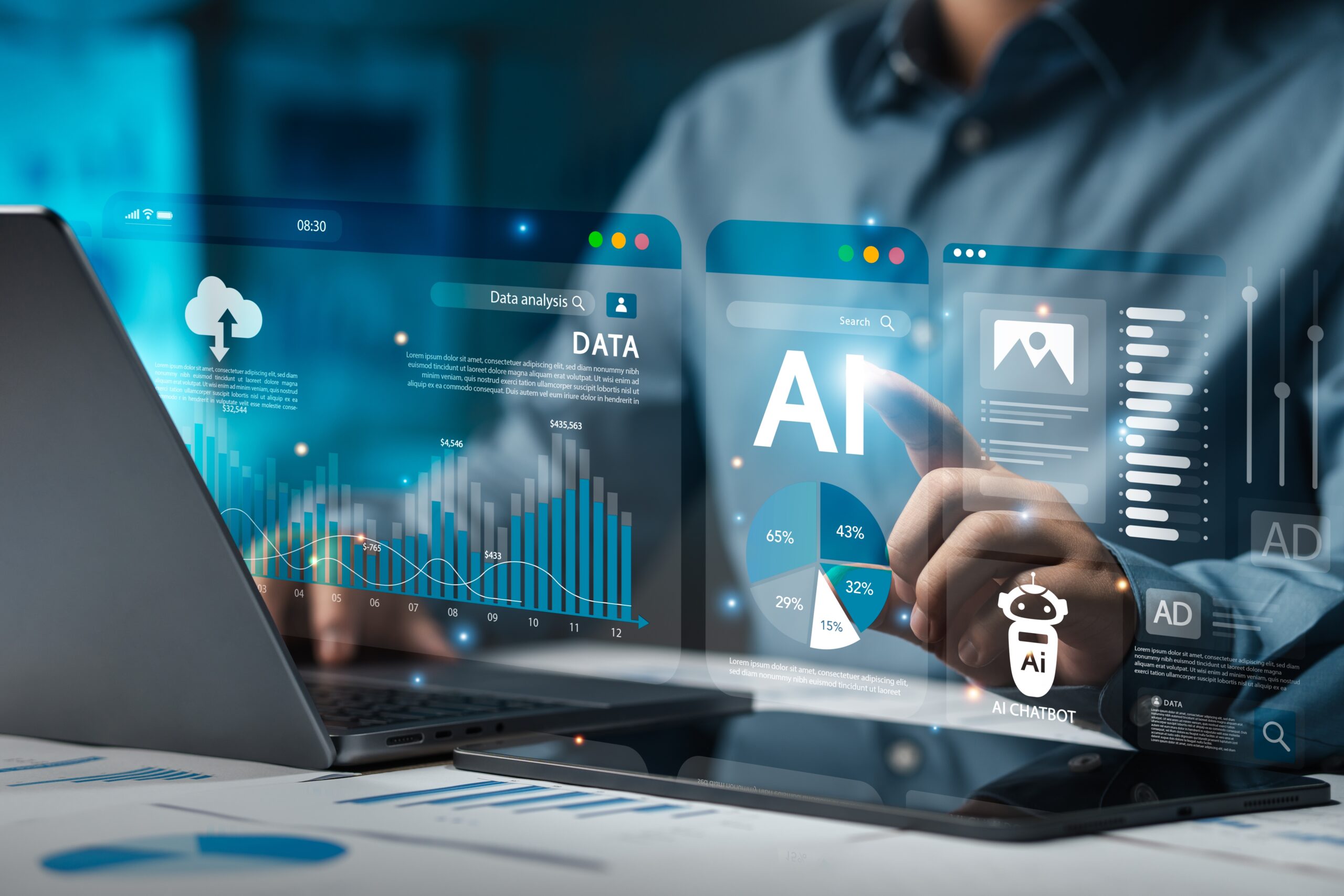Businessman,Analyzes,Data,Using,Ai,Technology,To,Work,With,Tools, Écrans de données, illustration du plan Osez l'IA en entreprise