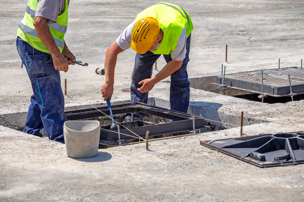 Workers,Installing,Ductile,Iron,Covers,For,Protecting,Underground,Telecommunications ouvriers installant un regard en béton sur le plateau de Signes